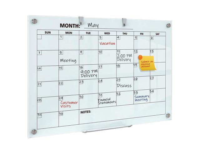 Glass Dry Erase Calendar for Wall, 36 x 24 Inches Magnetic Glass Calendar Whiteboard, 3' x 2' Frameless Monthly Planner Board for Office, Home, School