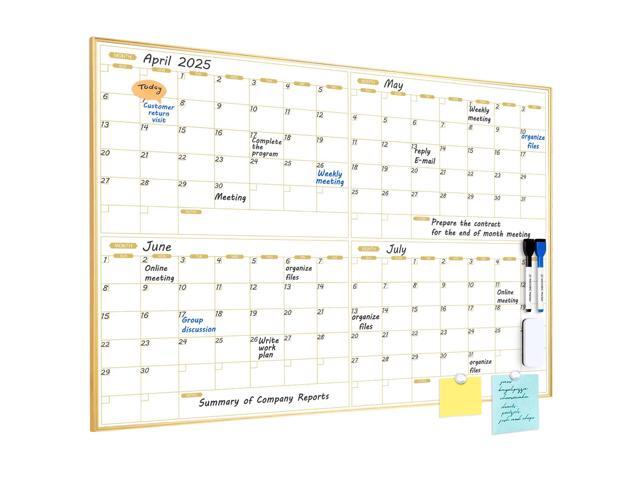 Magnetic Calendar Whiteboard 36' x 24', 4 Months Dry Erase Calendar for Wall, Gold Frame White Board for Office, Home, School