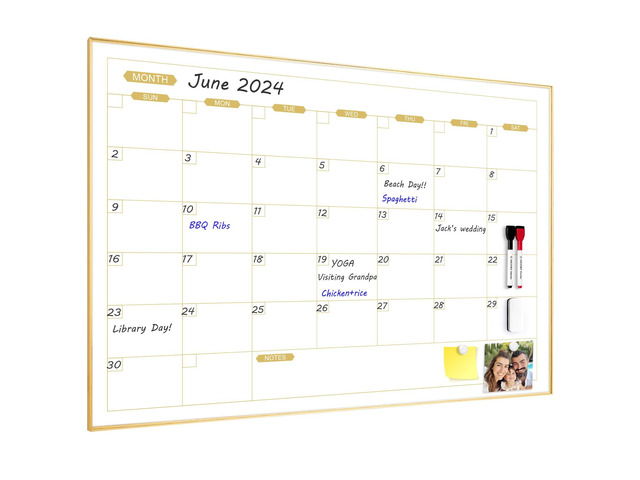 Monthly Calendar Whiteboard, 36' x 24' Magnetic Dry Erase Calendar with Gold Frame, Wall Planner Board for Home, Office, School