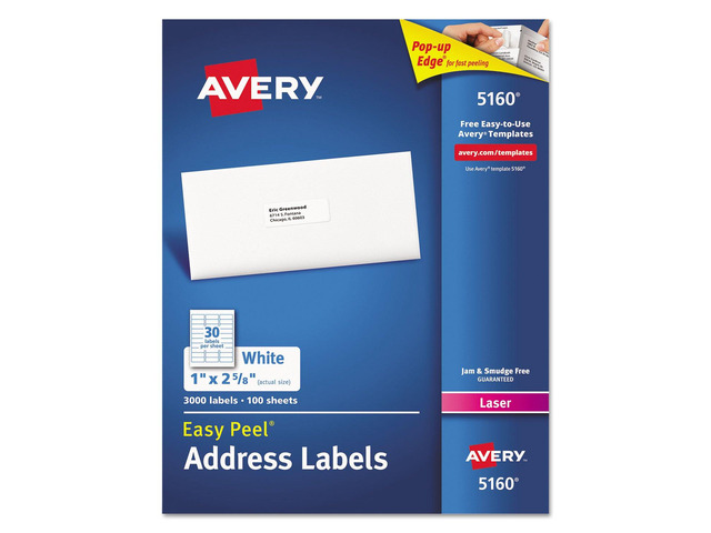 Easy Peel White Mailing Labels for Laser Printers, 1 x 2.62 Inch, Box of 3000 Labels (5160), 2-Pack