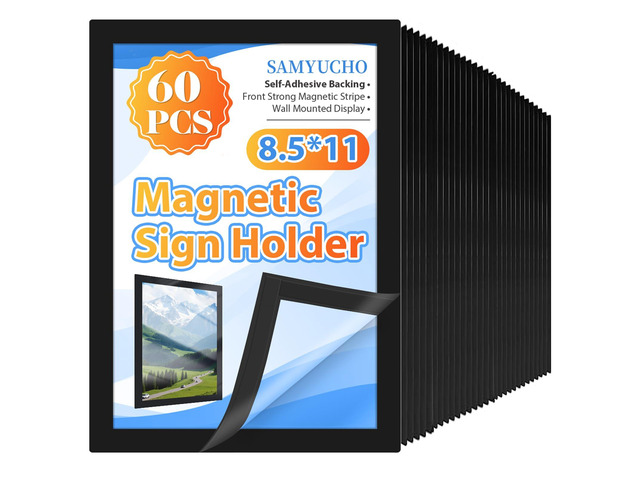 Magnetic Sign Holder 8.5 x 11, 60 PCS Self Adhesive Magnetic Frame Strong Self-Adhesive Backing, Effective Paper Protection, Clear Display...