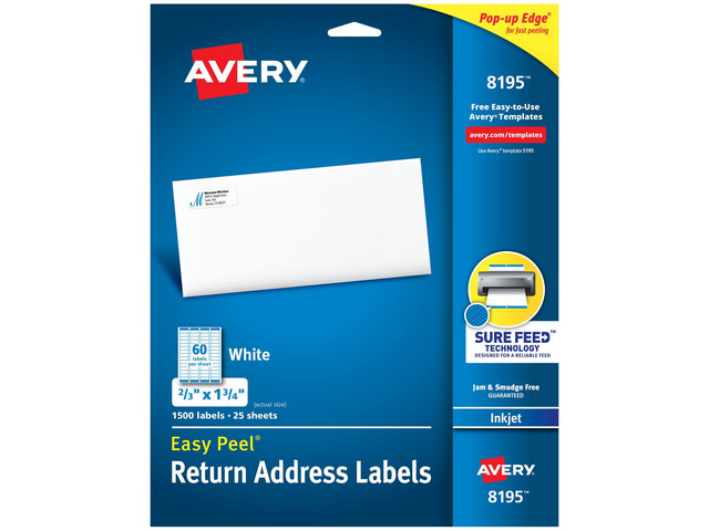 Return Address Labels, Inkjet Printers, 1,500 Labels, 2/3 x 1-3/4, Permanent Adhesive, 5 Packs (8195)
