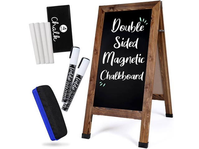Magnetic Chalkboard Sign, Sandwich Board, Brown, 40 x 20 in 4 Chalk Sticks, 2 Markers & Eraser, Locking Hinges, Slip Resistant Feet, Sidewalk...