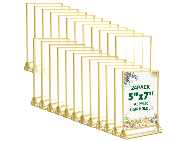 24-Pack 5'x7' Gold Acrylic Picture Frames 3mm Gold Border Wedding Table Number Holders, Clear Double-Sided Acrylic Sign Holders for Weddings,...