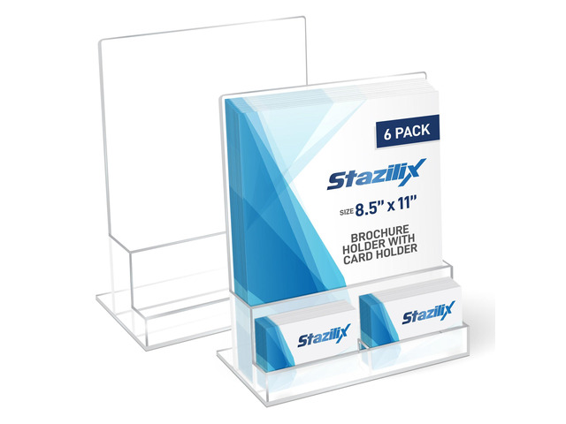 6 Pack Acrylic Brochure Holder 8.5x11, Clear Brochure Display Stand with Acrylic And Business Card Holder, Plastic Flyer Display Stand for...