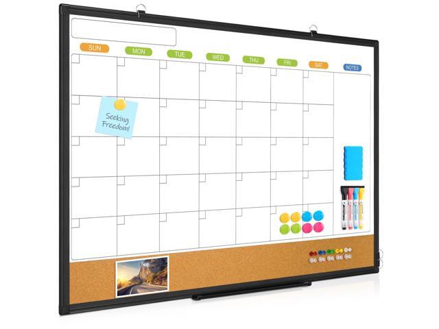 Calendar Whiteboard for Wall, 36' x 24' Dry Erase Month White Board Black Double-Sided Magnetic, Cork Calendar Bulletin Board Combo, Aluminum...