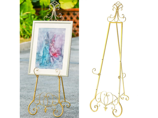 Gold Easel Stand for Sign, Adjustable Height Metal Easel Display Stand with Chain Support, Heavy Duty Easel for Sign, Wedding, Picture Frame,...