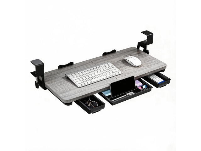 Keyboard Tray Under Desk with Drawer,26.77' X 11.81' Keyboard Tray Large Size with C Clamp-on Mount, Easy to Install, Save Space for Office Desk...