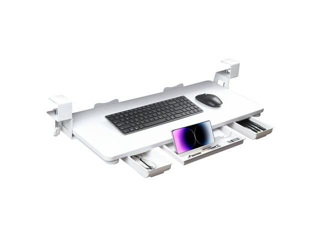Keyboard Tray Under Desk with Drawer,26.77' X 11.81'Large Size Keyboard Tray with C Clamp-on Mount, Easy to Install, for Home Office (White)