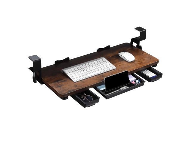 Keyboard Tray Under Desk with Drawer,26.77' X 11.81'Large Size Keyboard Tray with C Clamp-on Mount, Easy to Install, for Home Office (Mahogany)