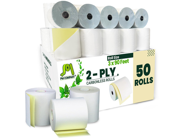 2 Ply POS/Cash Register Rolls, 3 Inches X 90 Feet, White/Canary, 50 per Carton (07706)
