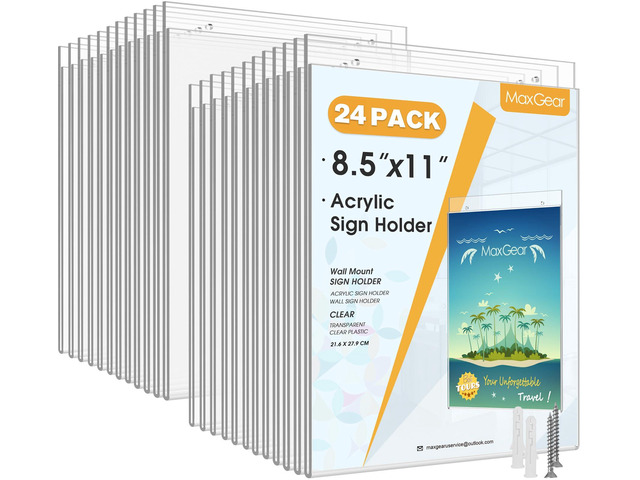 Acrylic Wall Mount Sign Holder, 8.5 x 11 Vertical, 24 Pack Clear Acrylic Material, Easy Wall Installation with Included Screws and Pre-drilled...
