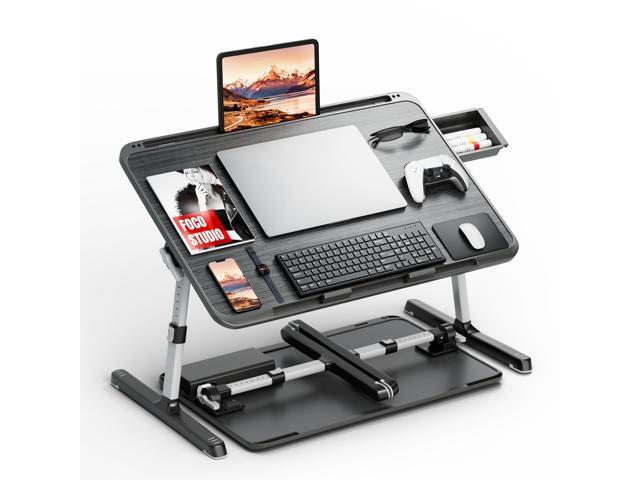 Adjustable Lap Desk, Large Smooth Easy-Clean Wood Grain Desktop, Foldable Laptop Bed Tray Table with Storage Drawer, Portable Laptop Stand Fits 17'.