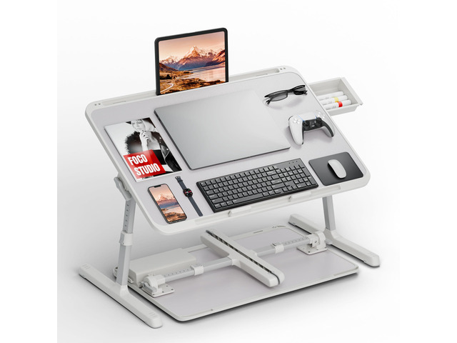 Adjustable Lap Desk, Large Smooth Easy-Clean Wood Grain Desktop, Foldable Laptop Bed Tray Table with Storage Drawer, Portable Laptop Stand Fits 17'...