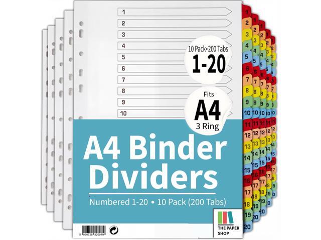 Binder Dividers with Tabs 1-20 Numbered A4 (10 Pack) Dividers for 3 Ring Binder Numbered Tab Dividers for Office, School & Home Organization