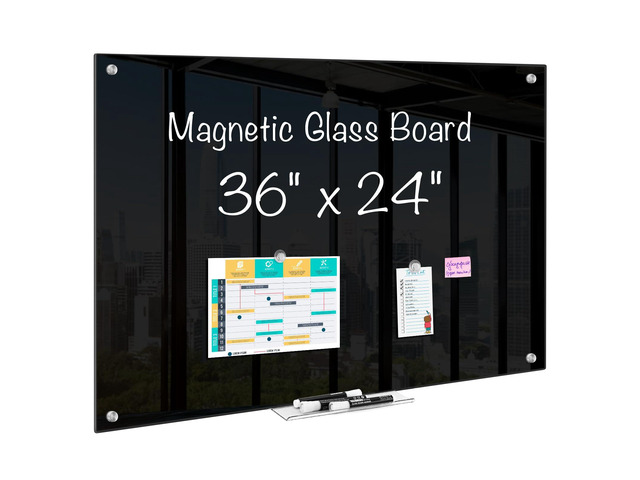 Magnetic Glass Dry Erase White Board, 36' x 24' Black Glass Board for Wall Mounted, Includes 6 Magnets with Marker Tray, 3 Markers and 1 Eraser for...