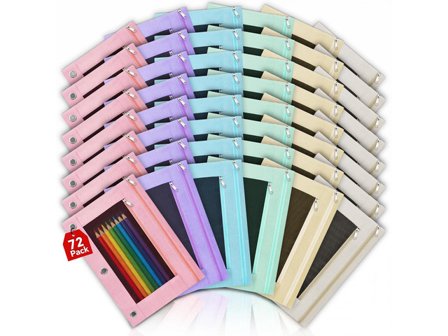 72 Pcs Pencil Pouch for 3 Ring Binder, 2 Pocket Zipper Binder Pouch Bulk, Pastel Binders Pencil Case, School Supplies for Boy Girl Student,...