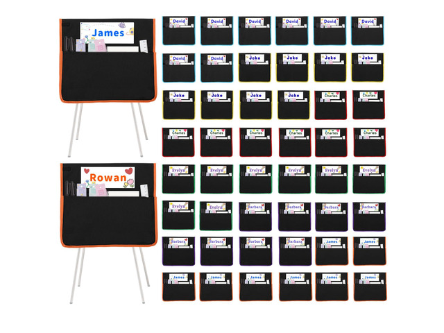 48 PCS Chair Pockets for Classroom, 15.6x16.8 Inch Seat Pockets for Classroom Chairs, Black Seat Sacks for Classroom Chairs with Name Tag, Back of...