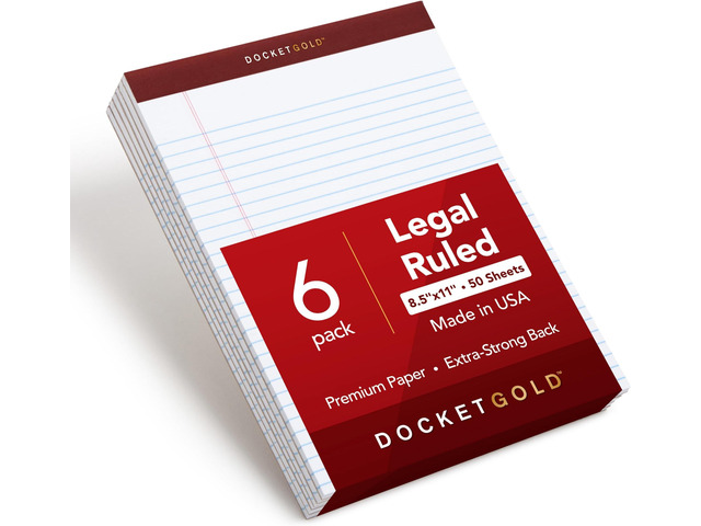 8.5 x 11 Legal Pads, Premium Docket Gold Brand, Wide Ruled, Thick White Paper, Sturdy Back, 50 Sheets, Made in USA (99709), (Pack of 36)