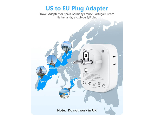 3 Pack Germany France Travel Power Adapter, Schuko Type E/F Plug Adapter with 4 USB Ports (2 Type C), 4 Outlet Converter, US to EU Spain French...
