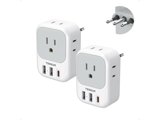 Italy Travel Plug Adapter, Type L Plug 2 Pack 4 Outlets, 3 USB Charger (1 USB C PD 20W), US to Chile Libya Syria Tunisia Uruguay