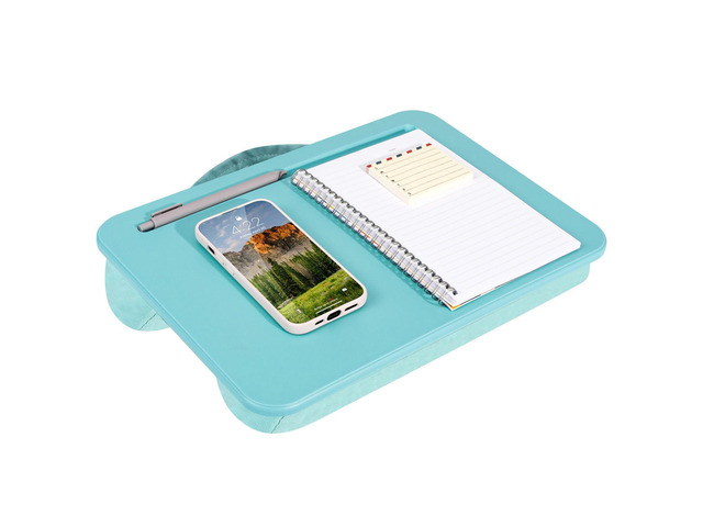 Compact Lap Desk Aqua Sky, Fits 14' Laptops Microbead Cushion, Built-In Pencil Slot, Carry Handle, Fits Standard Letter-Size Paper (8.5' × 11')