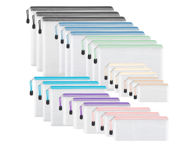 24pcs Mesh Zipper Pouch, Waterproof Zipper Bags, 8 Sizes Plastic Travel Pouch, 8 Colors, Multipurpose for Office Supplies and Travel Storage