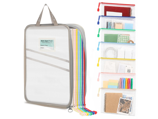 7 Pack PVC Mesh Zipper Pouch Set with 1 Organizer Bag, 8pcs A4 Letter Translucent PVC File Bags for Office Papers College Handouts Receipts...