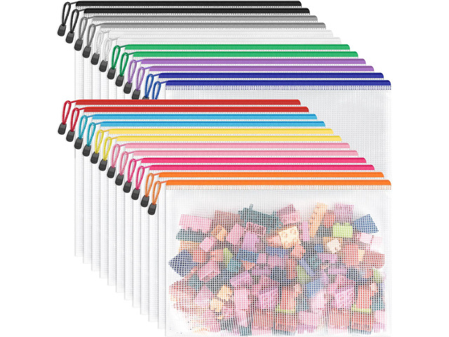 24 Pack A4 Mesh Zipper Pouch Bags, Document File Organizer Storage 12 Color, Clear Waterproof PVC Plastic Bags for Letter Size Files, Classroom...