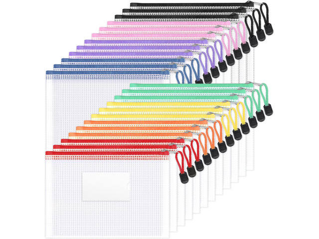 24 Pack Mesh Zipper Pouch Bags with Label Pocket, A5 (9.4×6.8 in) Small Pencil Case Pouch for Organizing, Clear Plastic Pencil Pouches Bulk for...