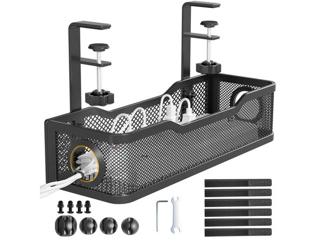 Under Desk Cable Management Tray Black, Wire Organizers No Drill, Cable Tray with Clamp for Wire Management, Cord Organization Box for Office, Home...