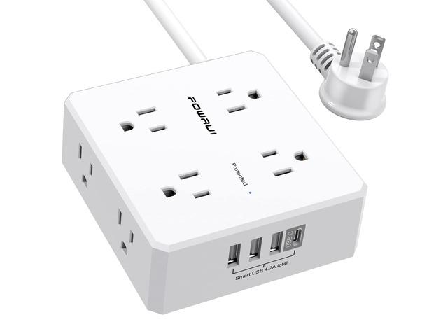 10Ft Surge Protector Power Strip - Flat Plug Extension Cord with 8 Widely Outlets and 4 USB Ports(1 USB C), 3 Side Outlet Extender for Home Office...