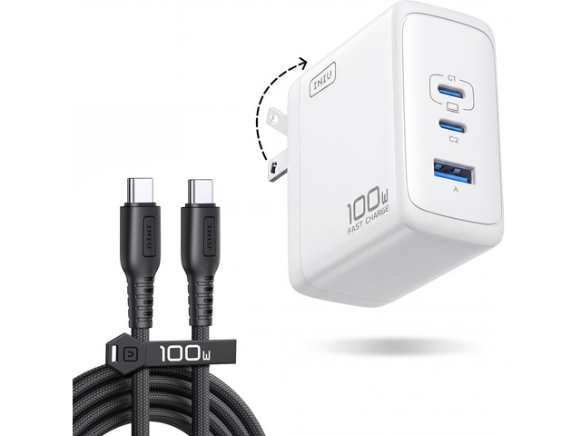 100W USB C Laptop Charger, GaN Fast Charging Block for with 100W Cable 3-Port, Foldable Travel Charger for MacBook Neo, iPad Air 11, iPhone 18 17...