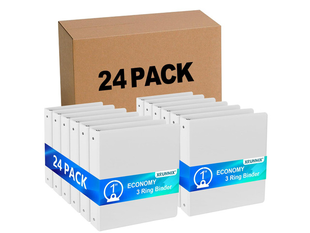 Bulk 24 Pack Economy 3-Ring Binders, 1 Inch, Round Rings, 200 Sheet Capacity, ClearVue Presentation View, Non-Stick, White (24)