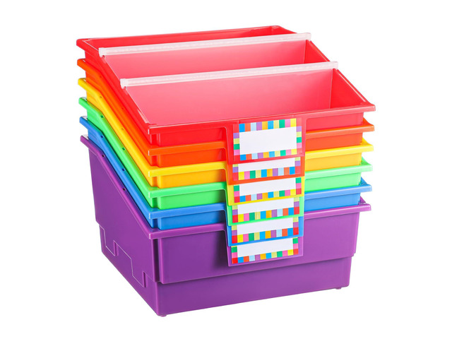 6 Pack Picture Book Organizer Bins with Dividers Large Plastic Book Holders with Labels Multi Purpose Classroom Organization Bins Storage...