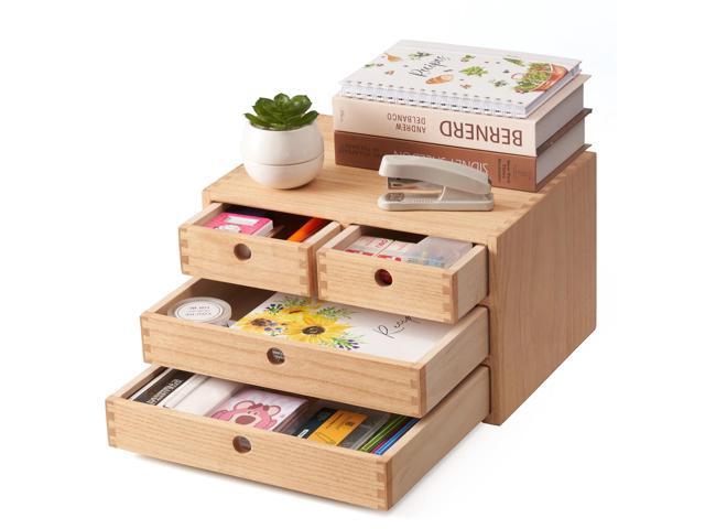 Wood Desk Organizer with 4 Drawers, Desktop Storage, Natural 34-NA 3-Tier Solid Wood Cabinet Holds Letter-Size Paper, Mail, Makeup, Crafts, and...
