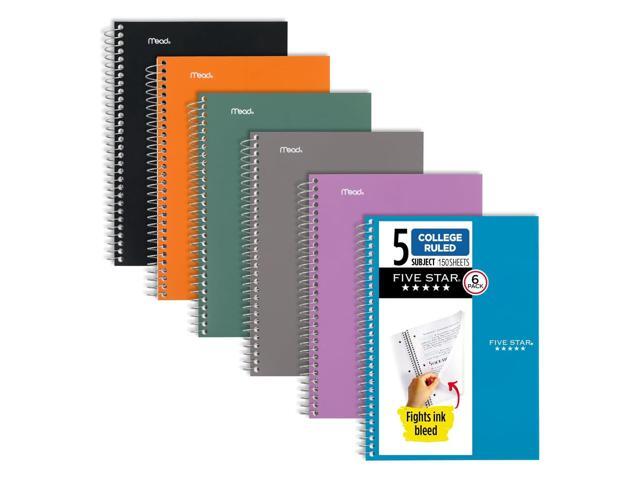 Spiral Notebook, 5 Subject, College Ruled Paper, 6' x 9-1/2', 150 Sheets, Selected Colors Will Vary, 6 Pack (840030A)