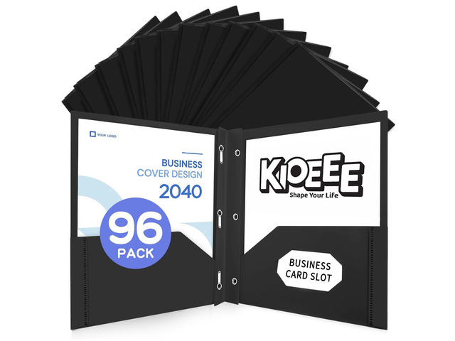 96 Pcs Plastic Folders with Pockets and Prongs (Black),Fit Letter Size Paper,Business Card Slot,2-Pocket Folder for School Office or Home,Durable...