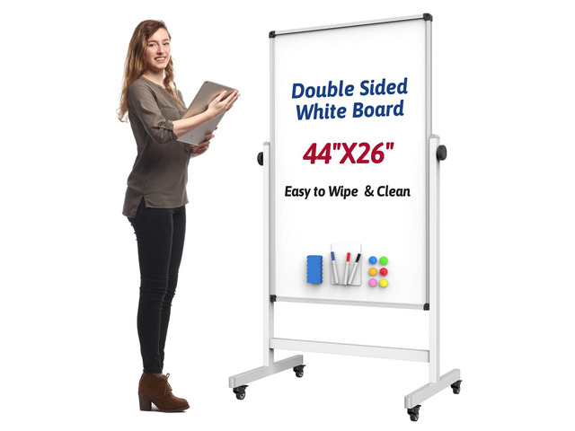 44x26 Rolling Whiteboard on Wheels, Height Adjustable Dry Erase Board Double Sided Magnetic Surface, Height Adjustable, 360° Rotation, Aluminum...
