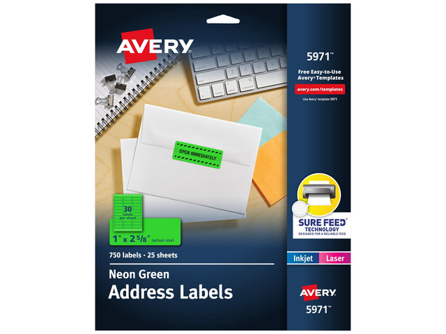 Printable Address Labels with Sure Feed, 1' x 2-5/8', Neon Green, Laser & Inkjet Compatible, 750 Blank Labels per Pack, Great for Branding,...