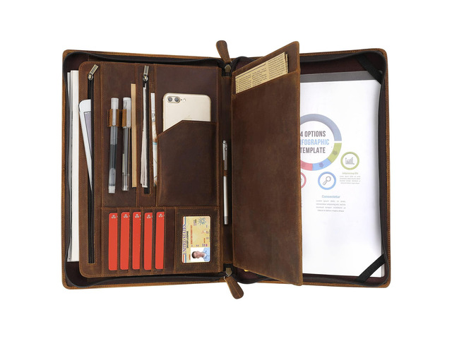 Genuine Leather Portfolio Organizer for Men Women with Handle, Full Grain Leather Padfolio Folder with Zipper Business Resume Portfolio for 12.9'...