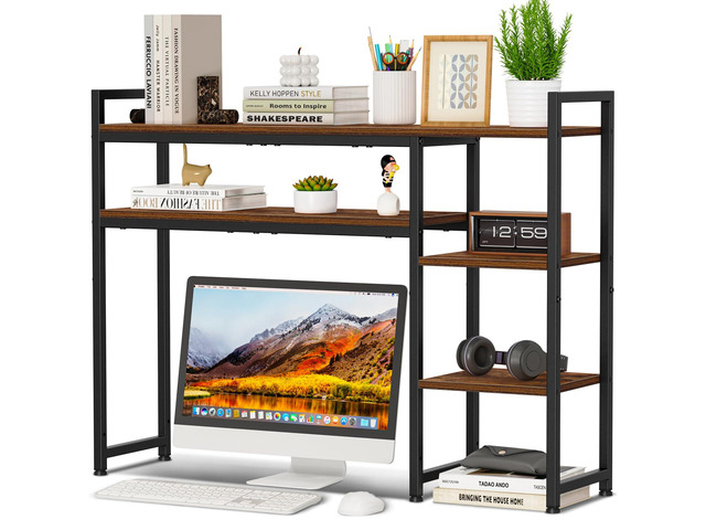 Adjustable Desk Shelf with Monitor Stand, 38.6' Desktop Organizer Hutch, Height Adjustable Computer Monitor Riser & 4 Tier Storage Bookshelf for...