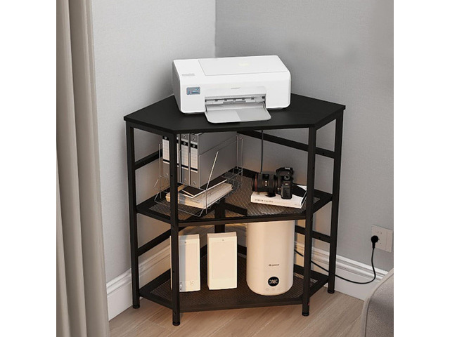 Corner Printer Stand Table with Power Outlet Charging Plugs USB Port Adjustable Storage Shelf Computer Tower CPU Stand Holder for Home Office (Black)