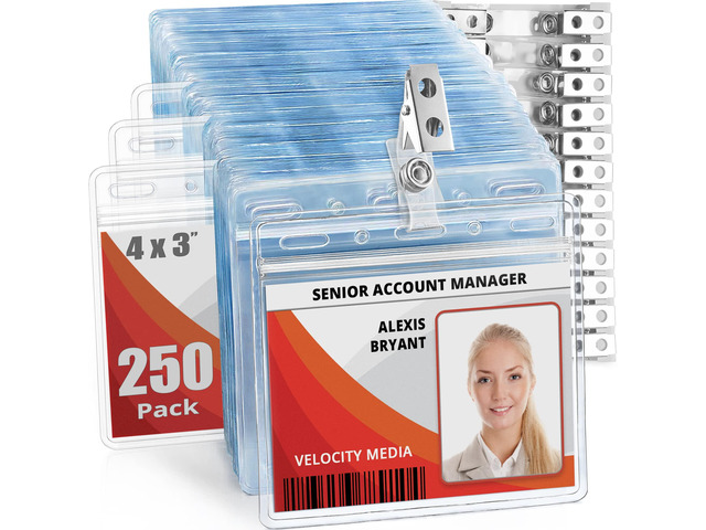 3x4 Horizontal ID Name Badge Holder w/Clip & Straps - 250 Pack clear plastic identification name tag holders with metal bulldog clips and vinyl...