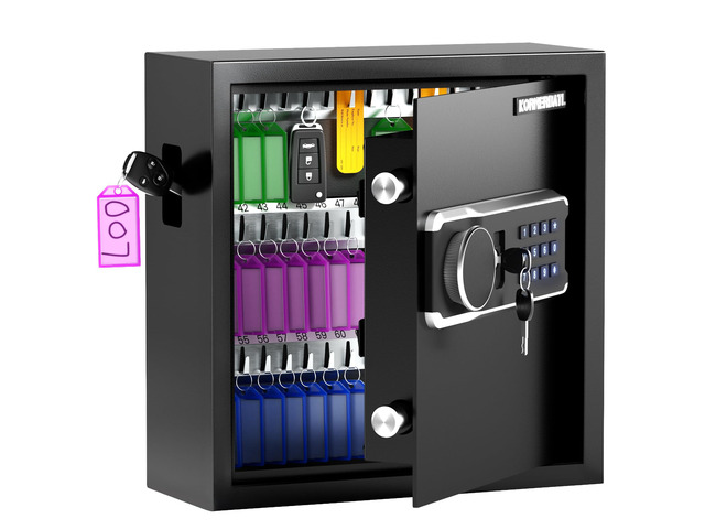 65 Key Heavy Duty Lock Box Wall Mount for Keys with Code Electronic Key Cabinet with Key-Out Tags, Deposit Slot, Adjustable Hooks, Silent Mode, LED...