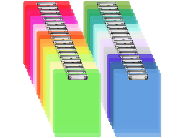 40 Pack Plastic Clipboards Bulk 20 Colors 9 x 12.5 Inch Clear Colored Design, Fits A4 & Letter Papers, Low Profile Clip, Portable for Classroom,...