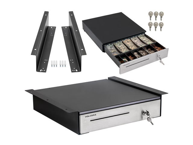 Cash Register Drawer with Under Counter Mounting Metal Bracket - 16 Black - Stainless Steel Front for POS, 5 Bill 6 Coin Removable Compartment,...