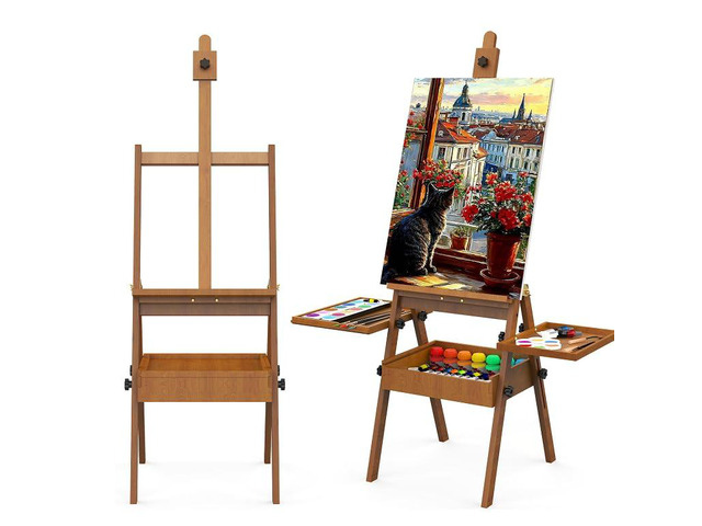 Professional Vintage Wood H-Frame Easel, with 2 Palette and Storage Box Multi-Function Studio Easel, Professional Foldable Artist Easel Stand for...