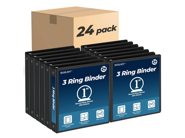 1 Inch 3 Ring Binders 24 Pack, Clear View Binder Bulk,Black PVC-Free 3-Ring Binders for School, Office or Home, Fits 8.5 x 11 Inches Paper