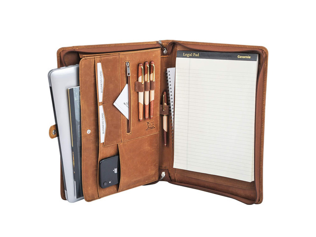 Genuine Leather Business Portfolio Padfolio Folder with Zipper for Men, Men's Leather Padfolio Folder for 13' Laptop, Business Portfolio for Letter...
